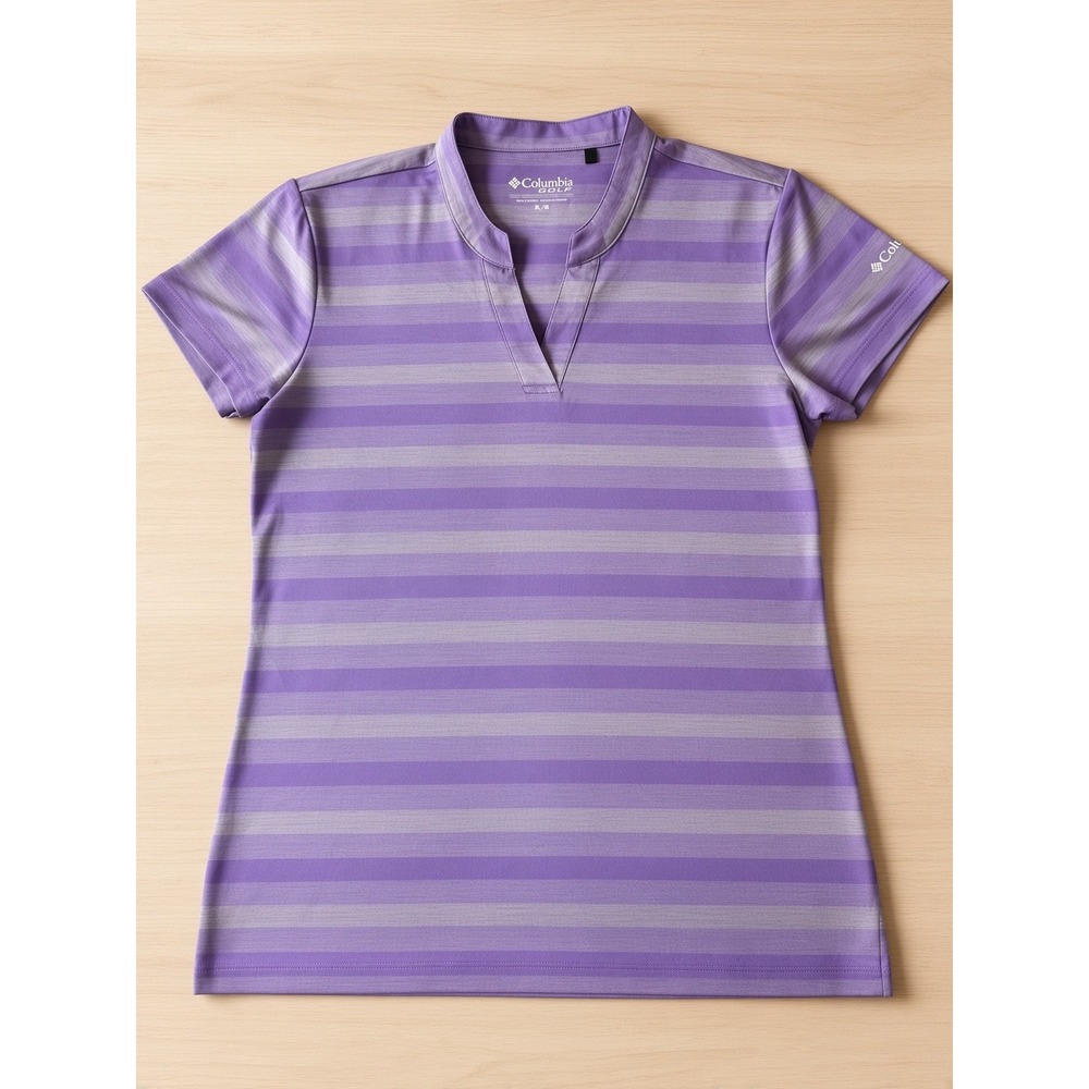 Columbia Golf Omni-Wick Chatter Polo Womens M Purple Striped Split V-Neck